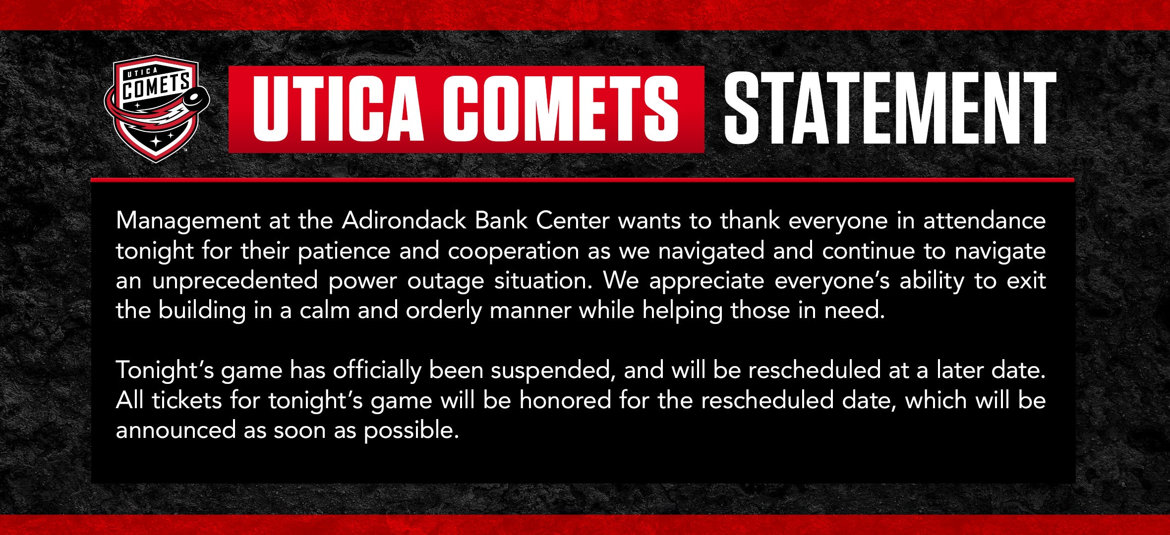 UTICA COMETS STATEMENT REGARDING POWER OUTAGE